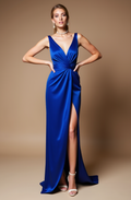 Deep V-Neck Royal Blue Evening Dress with Front Slit


