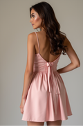 Pink Satin Off Shoulder Mini Dress – Sweetheart Neckline with Bows
