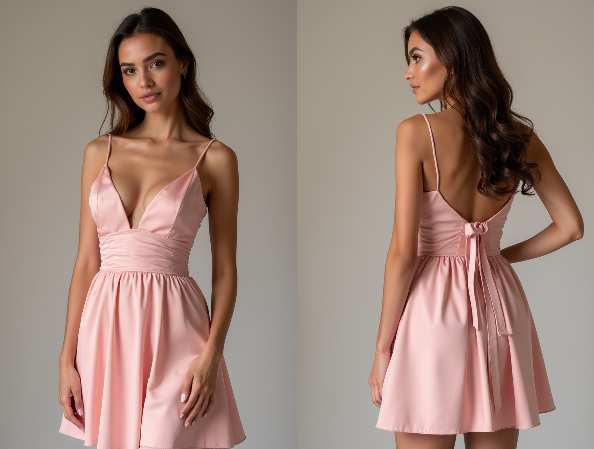 Soft Pink Satin Deep V Mini Dress with Thin Straps – Flirty Bridesmaid Look