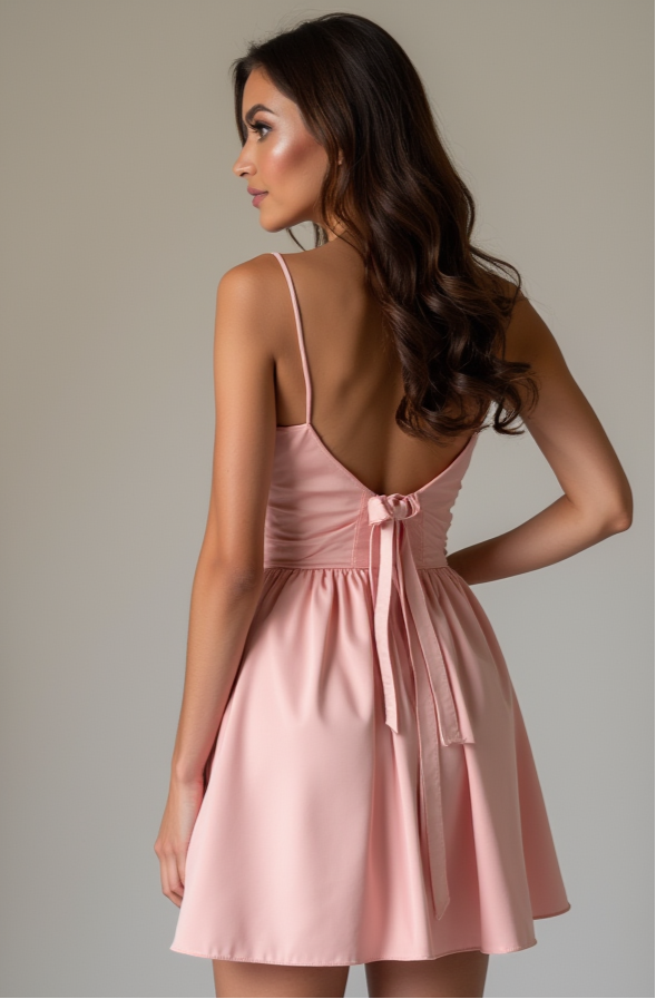 Soft Pink Satin Deep V Mini Dress with Thin Straps – Flirty Bridesmaid Look