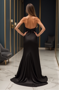 Strapless Chocolate Brown Satin Evening Dress with Front Slit – Elegant Formal Gown