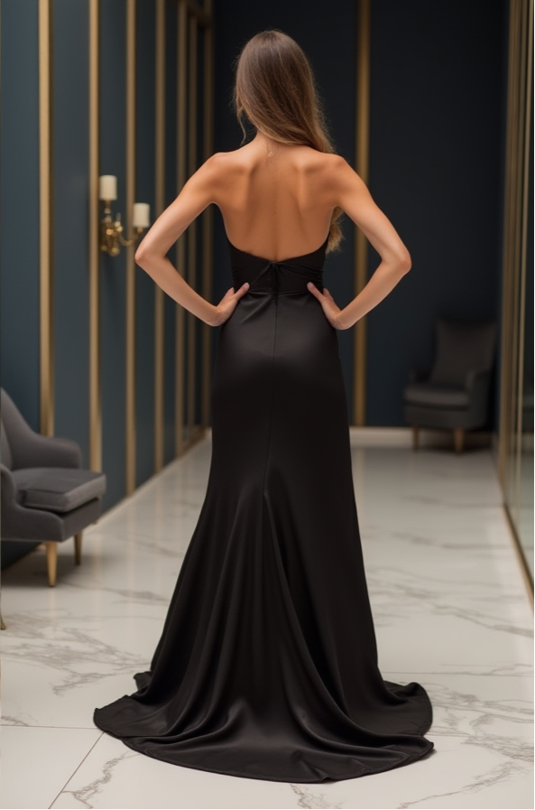 Strapless Chocolate Brown Satin Evening Dress with Front Slit – Elegant Formal Gown
