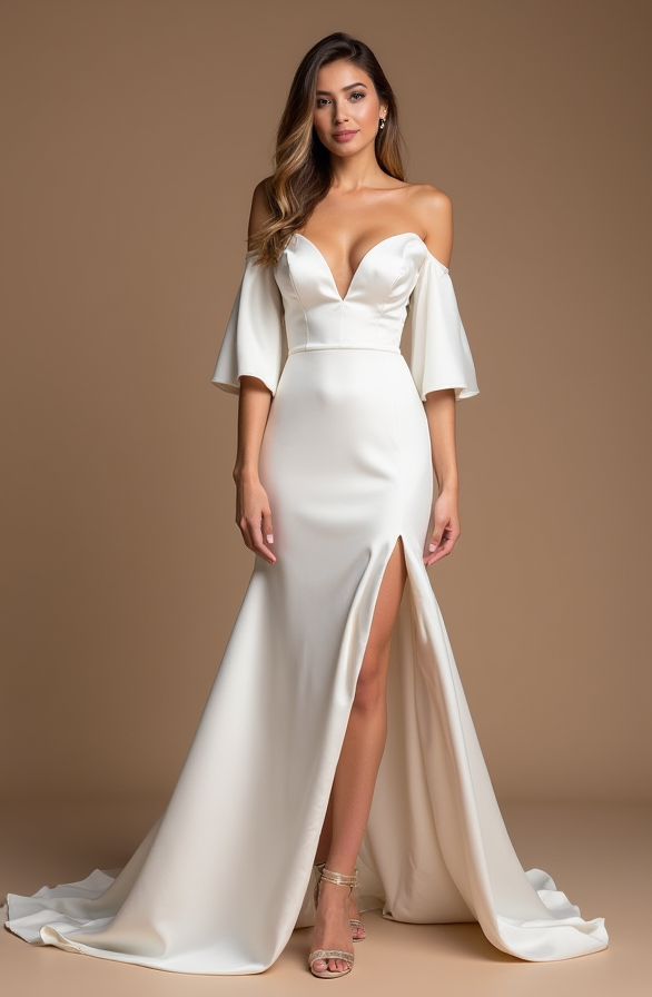 Off-Shoulder Satin Wedding Dress with Thigh Slit