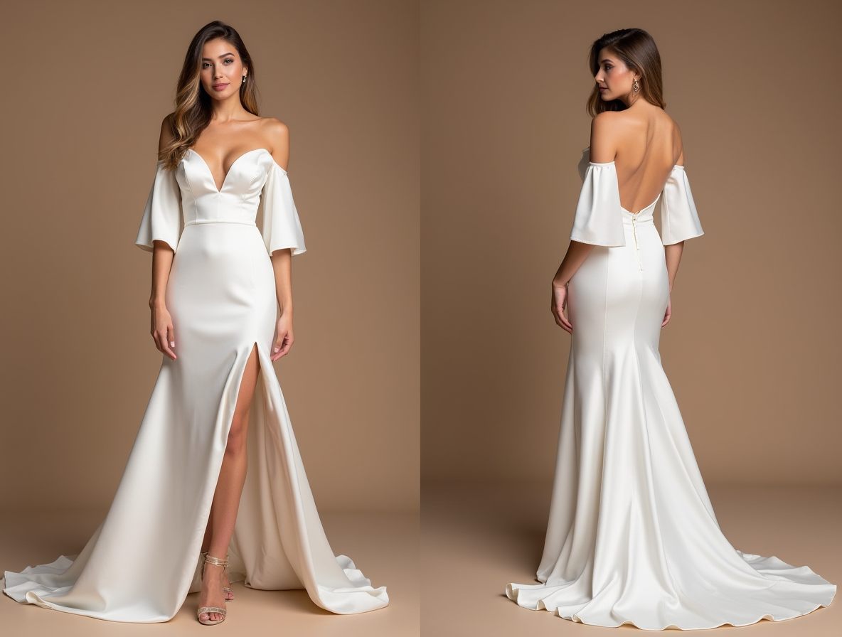 Off-Shoulder Satin Wedding Dress with Thigh Slit