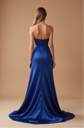 Strapless Royal Blue Satin Evening Gown with Slit