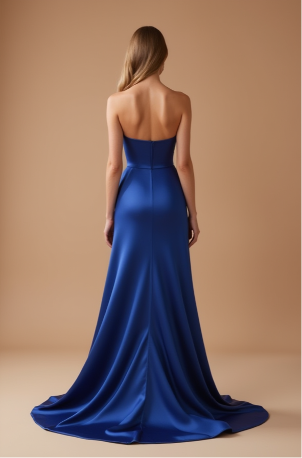 Strapless Royal Blue Satin Evening Gown with Slit