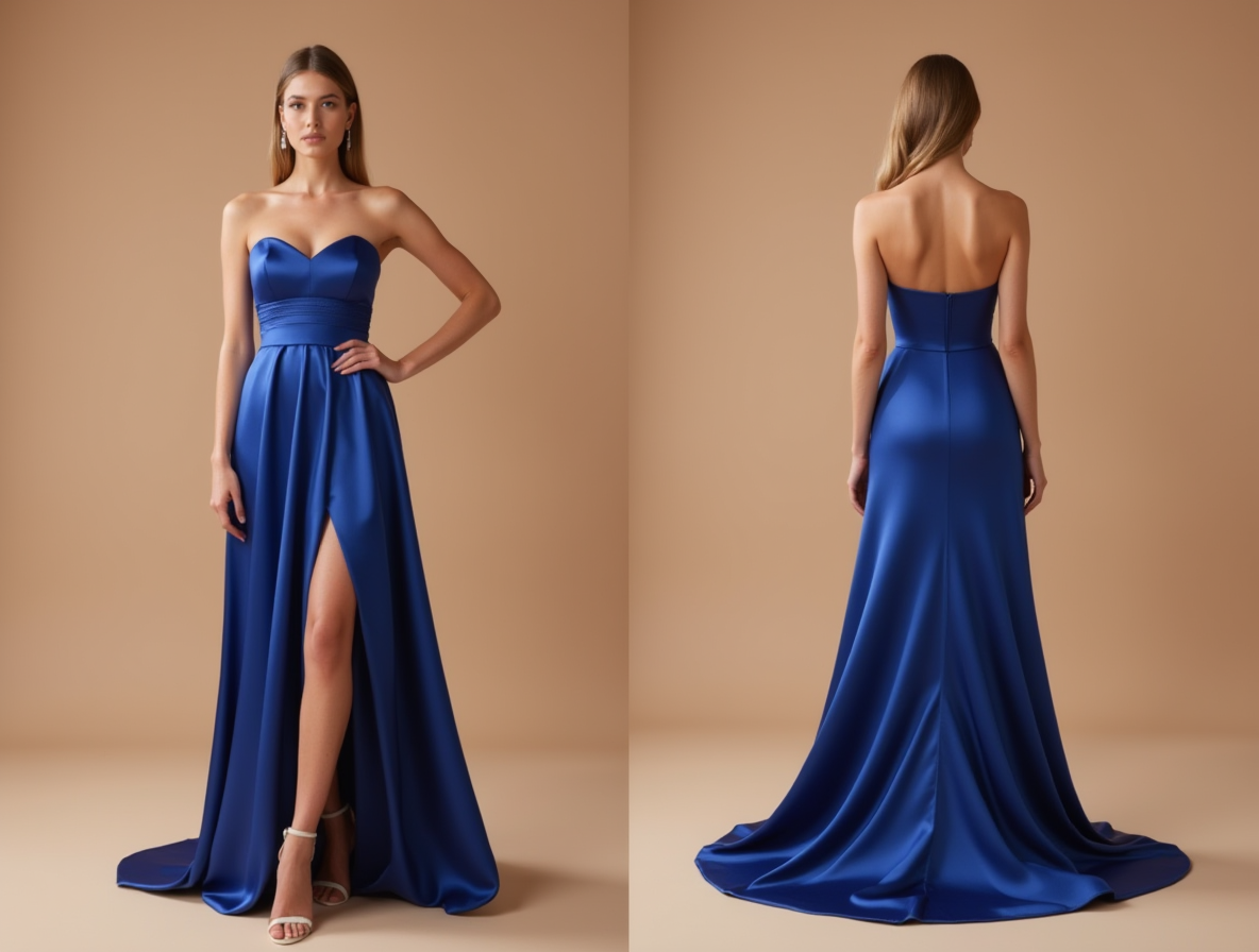 Strapless Royal Blue Satin Evening Gown with Slit