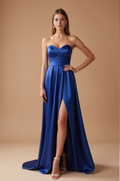 Strapless Royal Blue Satin Evening Gown with Slit