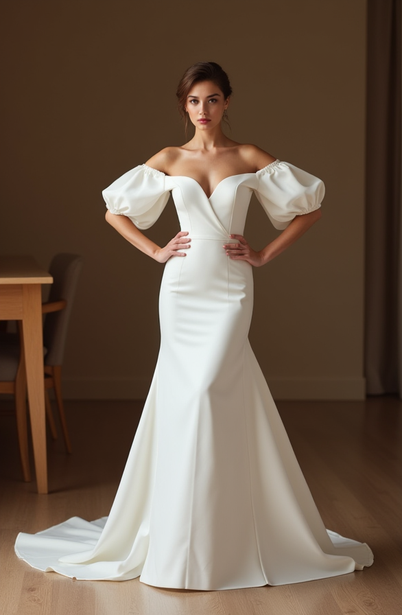  Mermaid Wedding Dress – Off-Shoulder Balloon Sleeves & Fitted Bodice