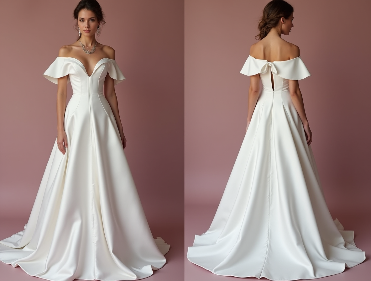 Modern White Princess Wedding Dress with a Plunging Neckline and Elegant Design