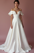 Modern White Princess Wedding Dress with a Plunging Neckline and Elegant Design