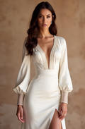  Satin Long Sleeve Wedding Dress – Deep V-Neck & Beaded Cuffs