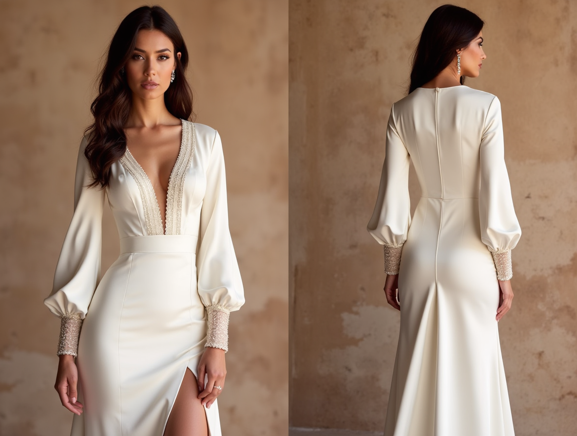  Satin Long Sleeve Wedding Dress – Deep V-Neck & Beaded Cuffs