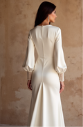  Satin Long Sleeve Wedding Dress – Deep V-Neck & Beaded Cuffs