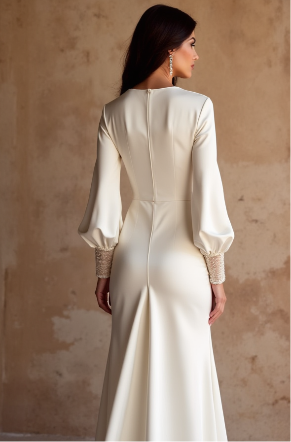  Satin Long Sleeve Wedding Dress – Deep V-Neck & Beaded Cuffs