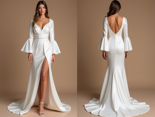 Long Sleeve Satin Wedding Evening Dress with Slit

