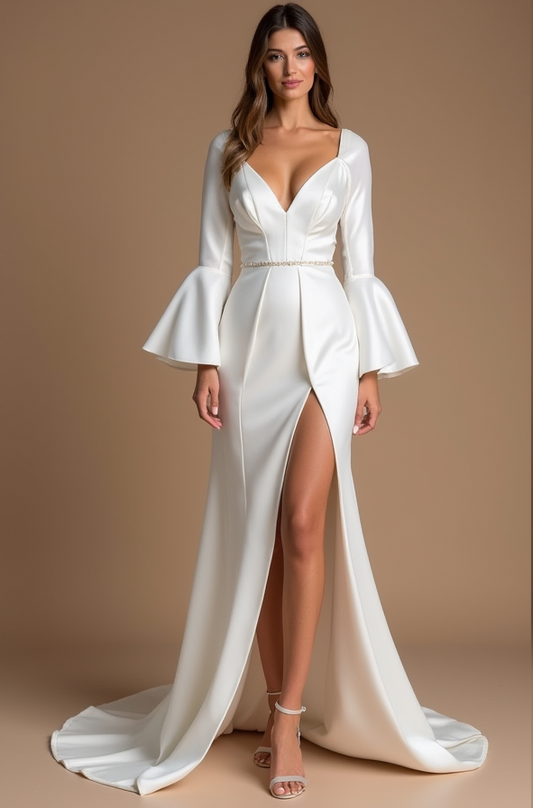 Long Sleeve Satin Wedding Evening Dress with Slit

