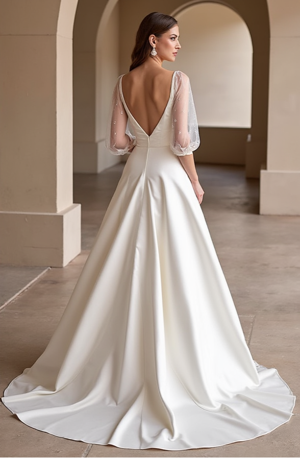 Romantic A-Line Wedding Dress – Puff Tulle Sleeves & Plunging Bodice