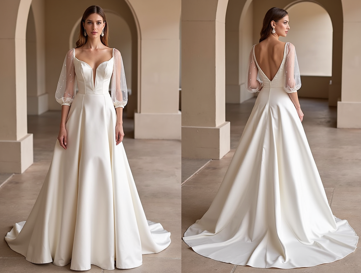 Romantic A-Line Wedding Dress – Puff Tulle Sleeves & Plunging Bodice
