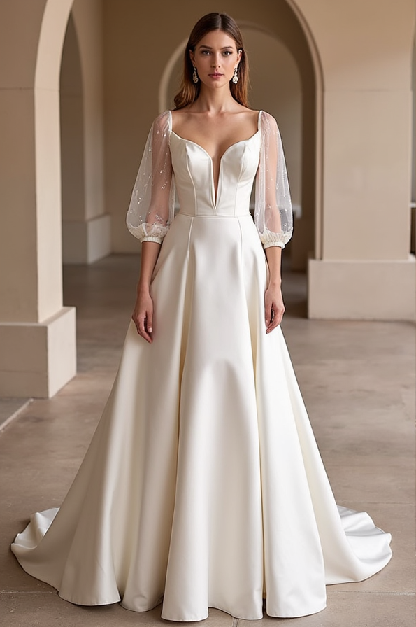Romantic A-Line Wedding Dress – Puff Tulle Sleeves & Plunging Bodice