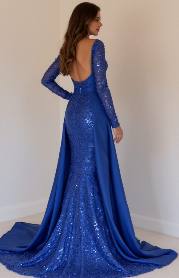 Robe Bleue Éclatante en Dentelle et Paillettes – Dos Nu Séduisant et Coupe Cintrée