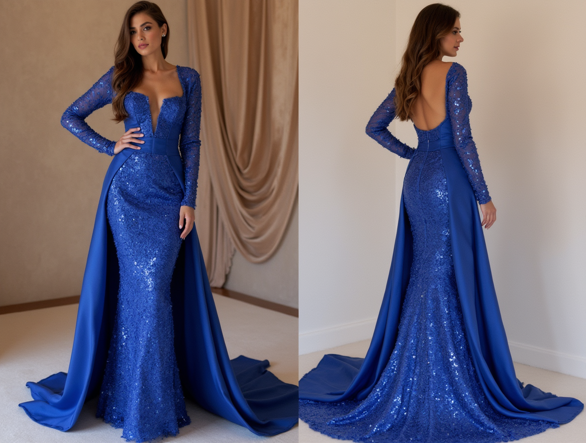 Robe Bleue Éclatante en Dentelle et Paillettes – Dos Nu Séduisant et Coupe Cintrée