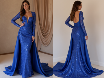 Robe Bleue Éclatante en Dentelle et Paillettes – Dos Nu Séduisant et Coupe Cintrée