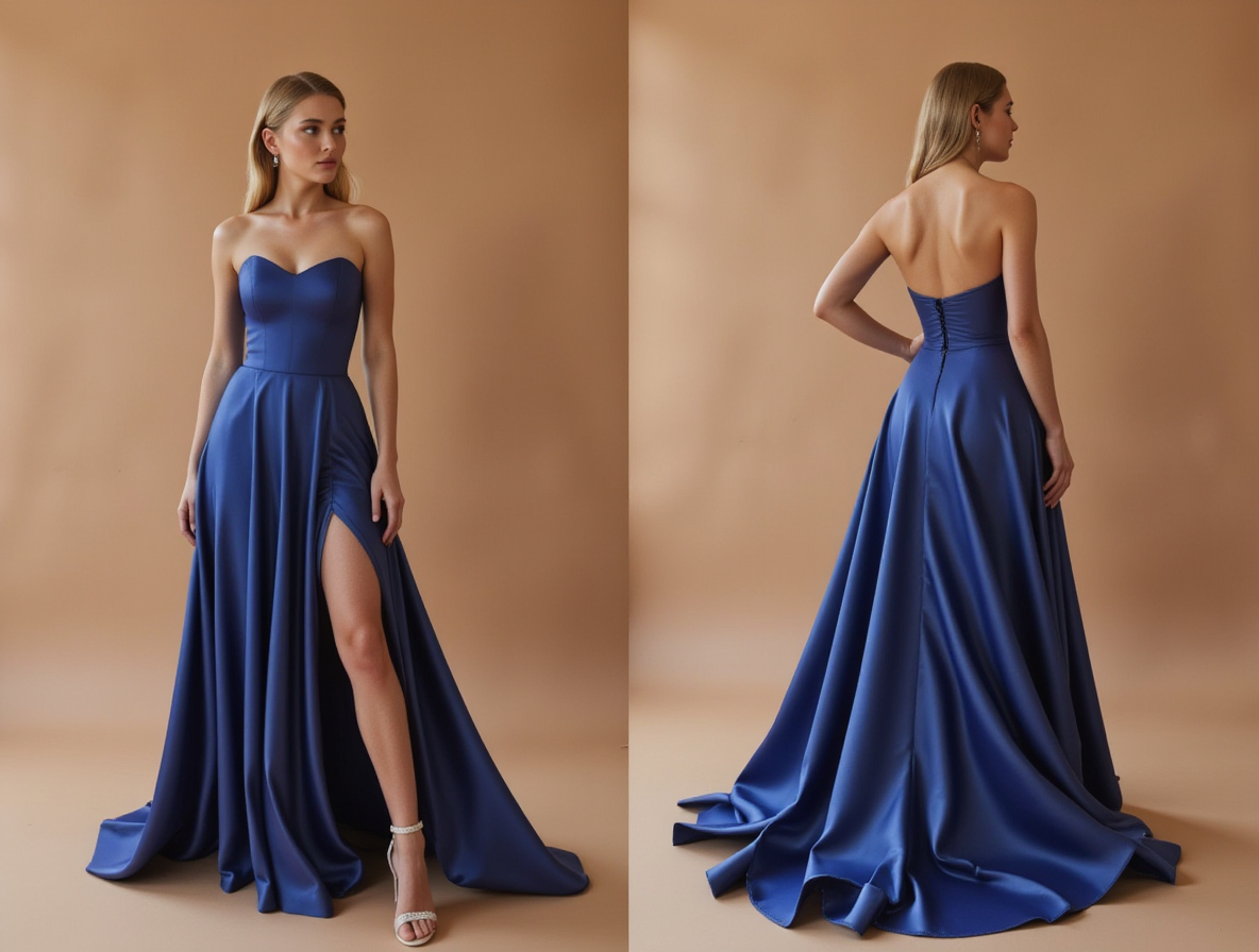 Blue Strapless Flowy Prom Dress with High Slit