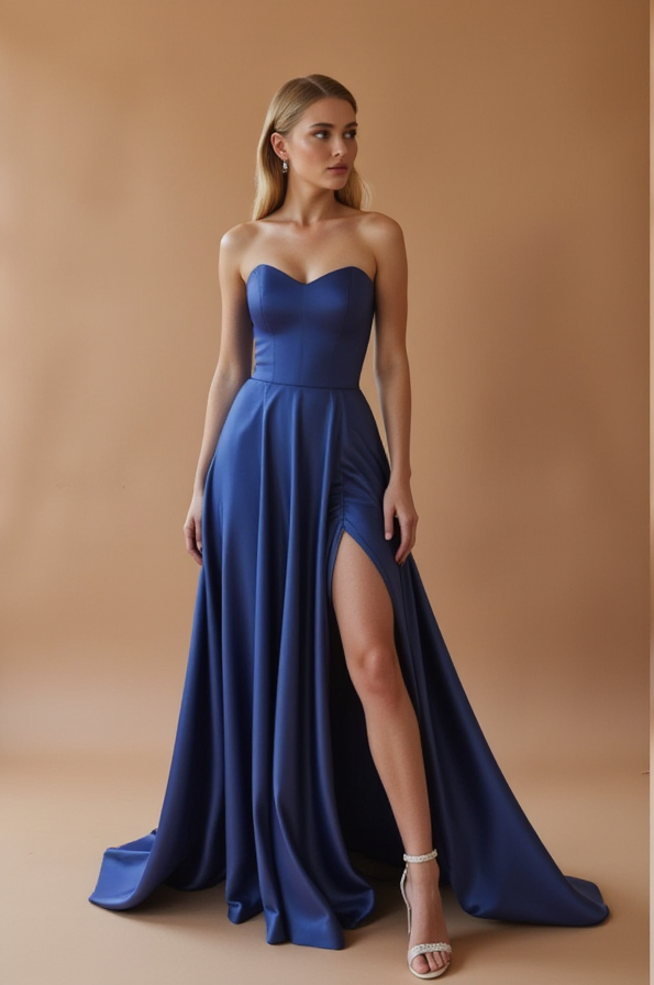 Blue Strapless Flowy Prom Dress with High Slit