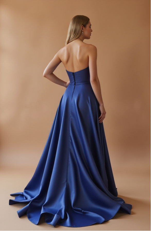 Blue Strapless Flowy Prom Dress with High Slit