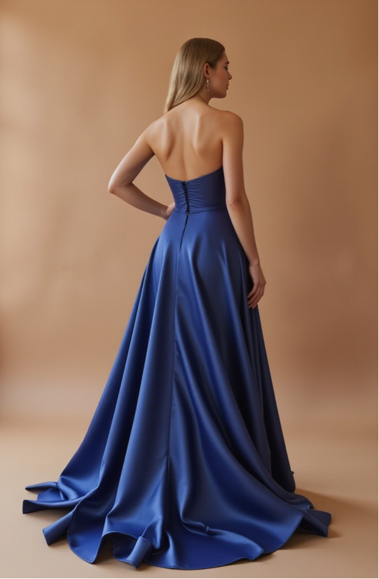 Blue Strapless Flowy Prom Dress with High Slit