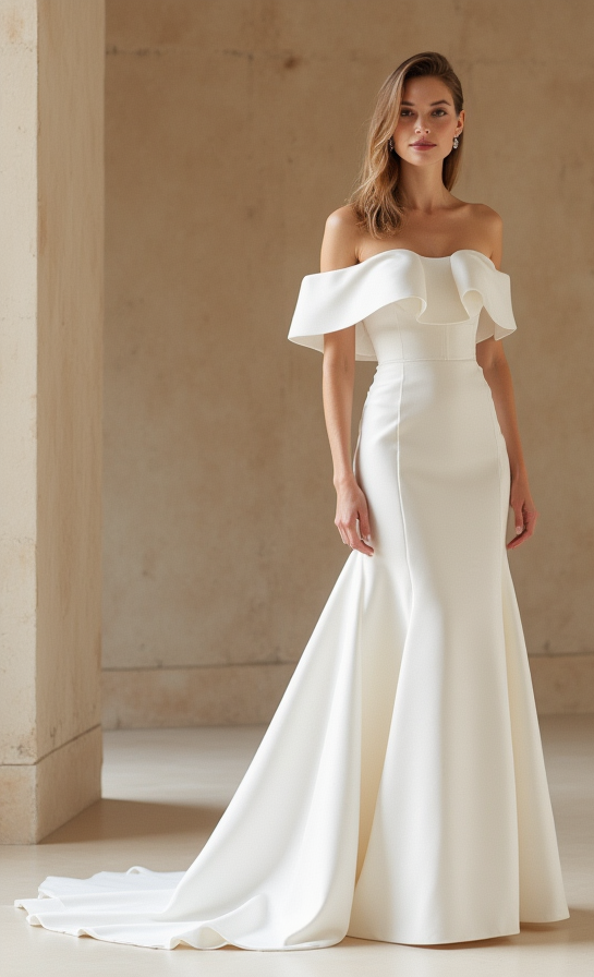 Long Sleeve A-Line Wedding Gown – Deep V-Neck with Belt Detail