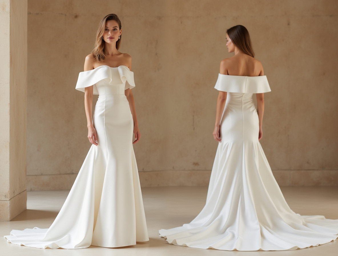 Long Sleeve A-Line Wedding Gown – Deep V-Neck with Belt Detail