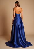 Light Blue Strapless Satin Evening Gown with Slit
