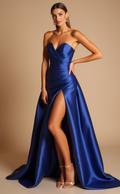 Light Blue Strapless Satin Evening Gown with Slit