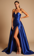  Royal Blue Strapless Evening Dress with High Slit