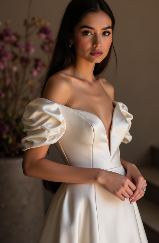 Puff Sleeve Satin Gown – Deep V Ivory Wedding Dress with Train