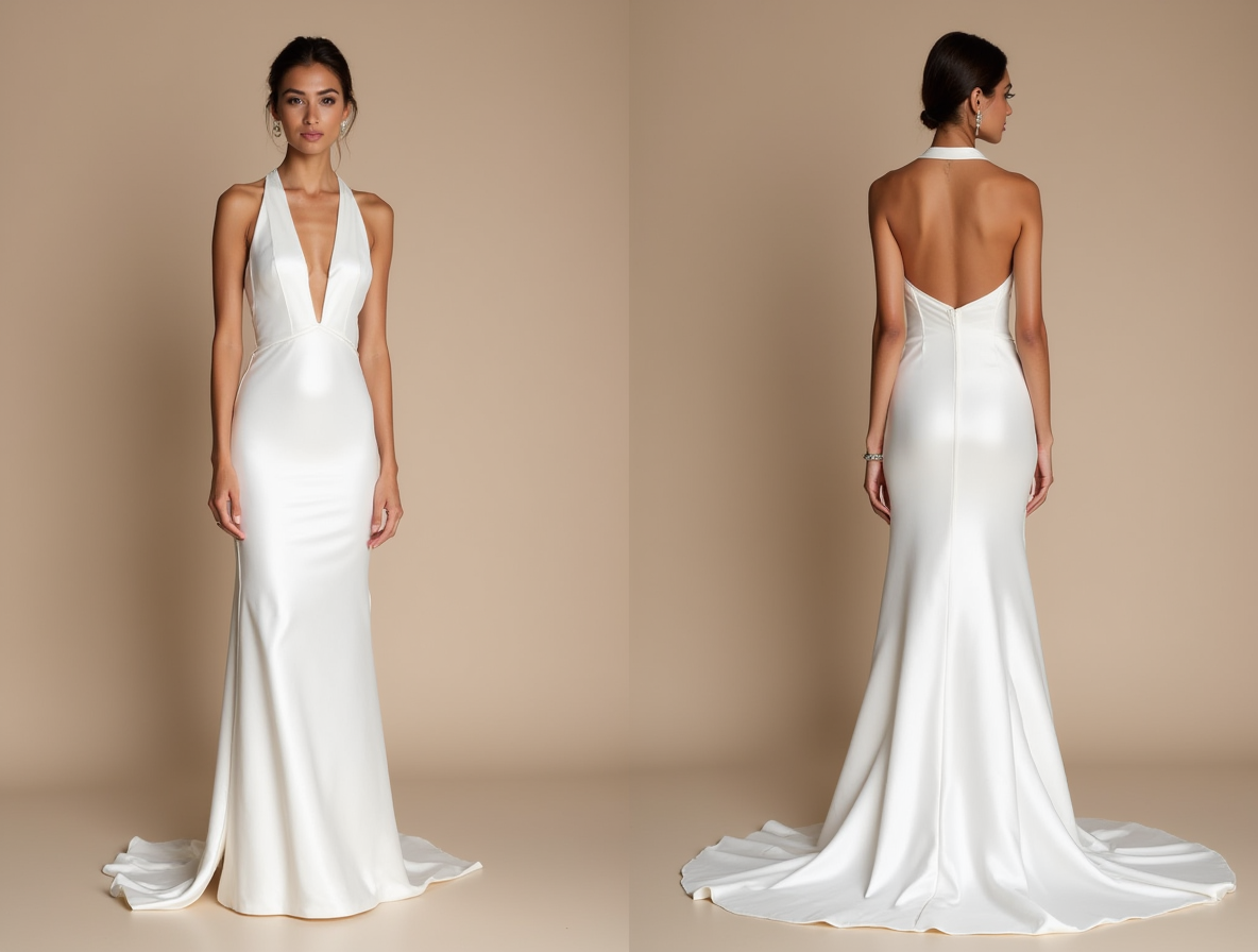 Halter Neck Satin Gown – Deep V Plunge & Backless Elegance