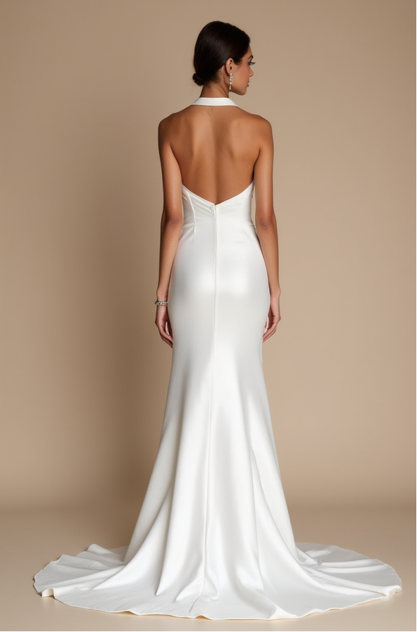 Halter Neck Satin Gown – Deep V Plunge & Backless Elegance