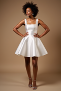 Elegant White Wedding Dress with Square Neckline and Flared Skirt

