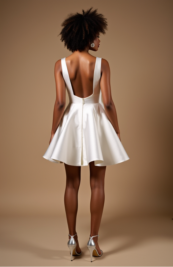 Elegant White Wedding Dress with Square Neckline and Flared Skirt


