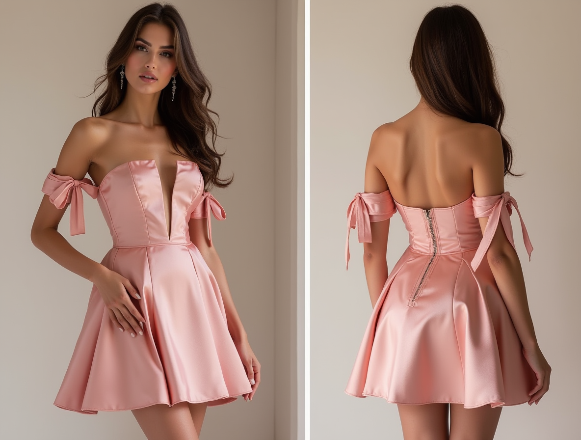 Sweetheart Neckline Pink Satin Dress with Off-Shoulder Bows – Bridal Shower Outfit