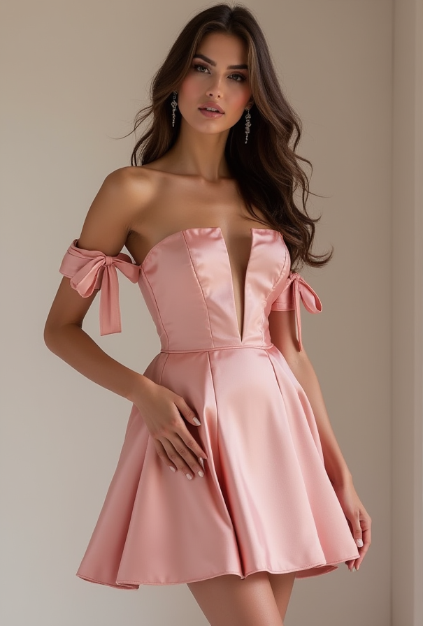 Pink Satin Off Shoulder Mini Dress – Sweetheart Neckline with Bows