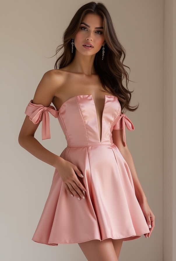 Sweetheart Neckline Pink Satin Dress with Off-Shoulder Bows – Bridal Shower Outfit
