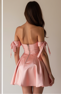 Sweetheart Neckline Pink Satin Dress with Off-Shoulder Bows – Bridal Shower Outfit
