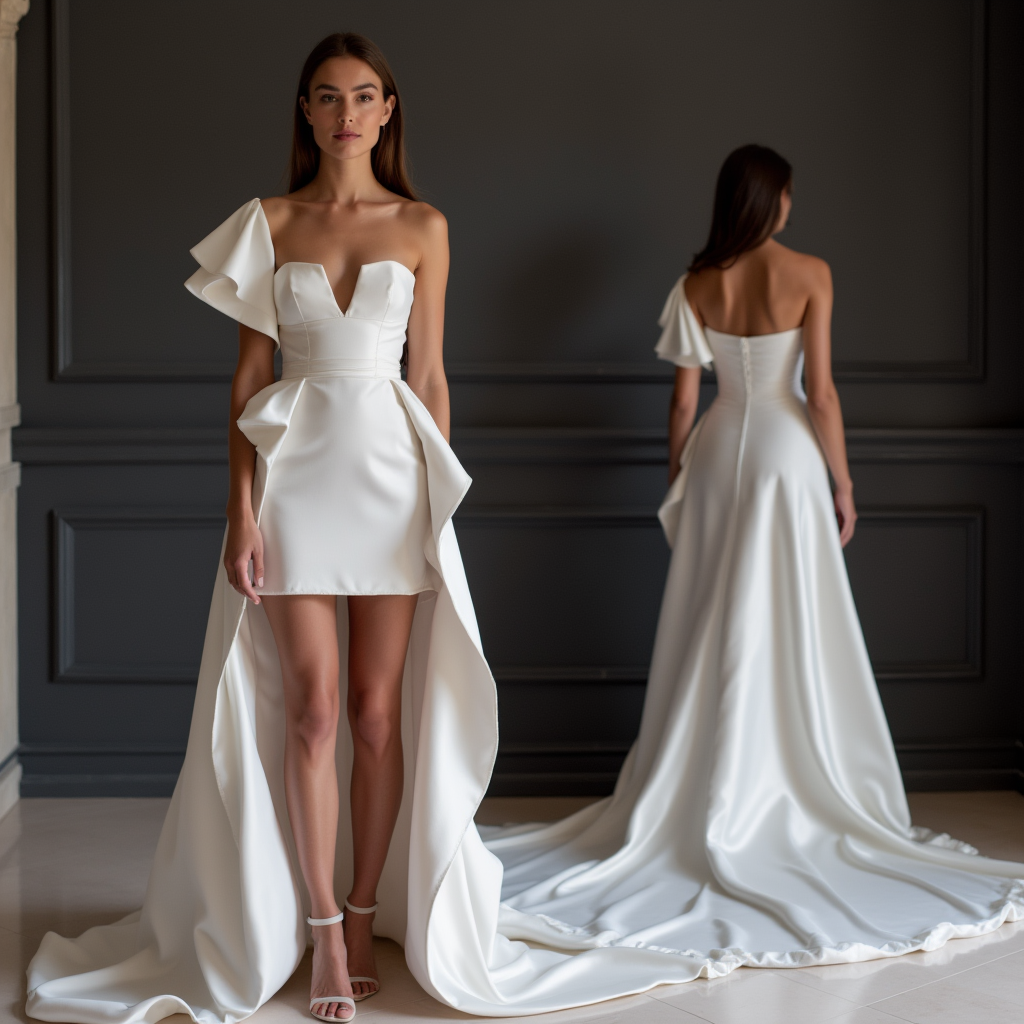 One-Shoulder Satin Wedding Dress with Dramatic Train