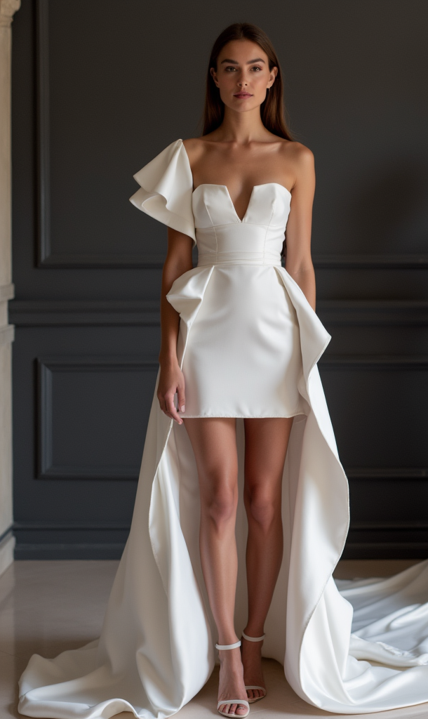 One-Shoulder Satin Wedding Dress with Dramatic Train