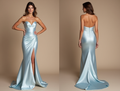 Light Blue Satin Strapless Evening Dress with Side Slit