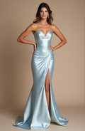 Light Blue Satin Strapless Evening Dress with Side Slit

