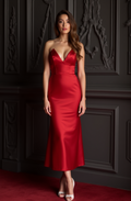 Classic Red Satin Strapless Gown – Timeless Midi Formal Dress